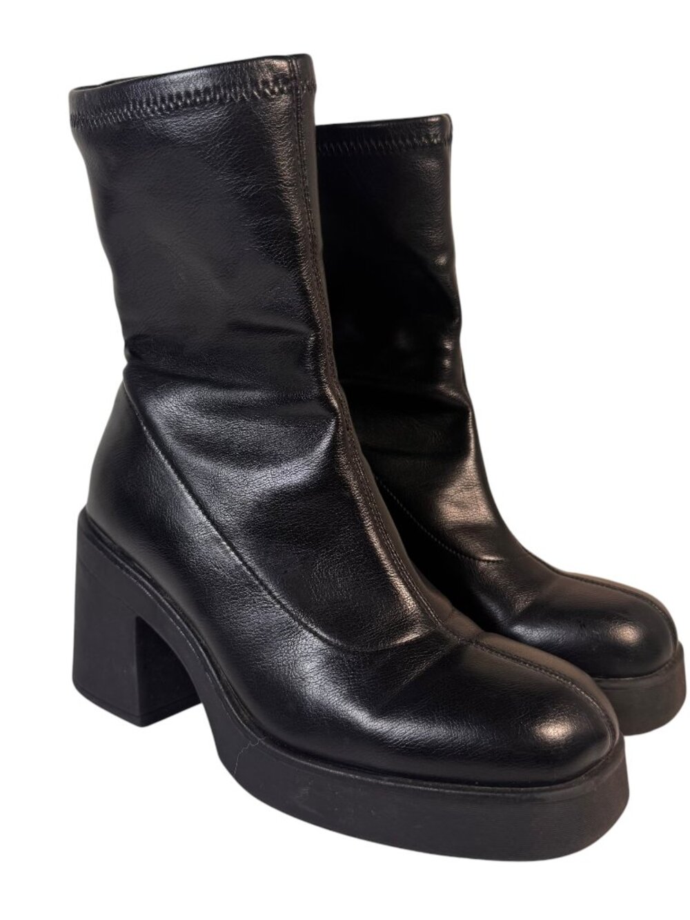 Call it Spring Shauna Black Stretch Vegan Leather Platform Block Heel Boots 6.5